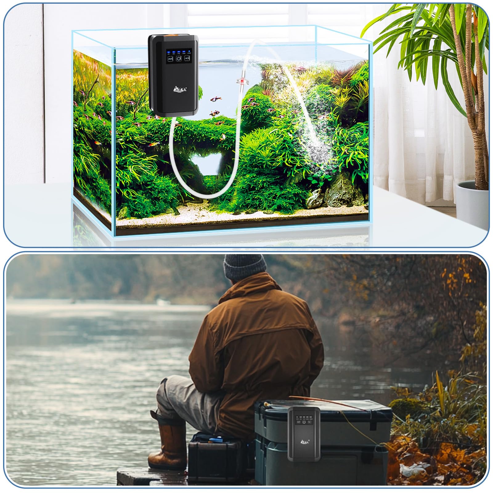 AQQA outdoor-friendly setup showing pump usable for bait bucket aeration.