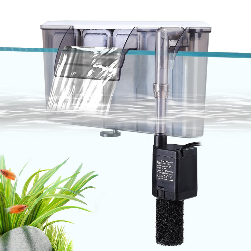 AQQA Quiet HOB filter front view highlights compact design for 30-50 gallon tanks.