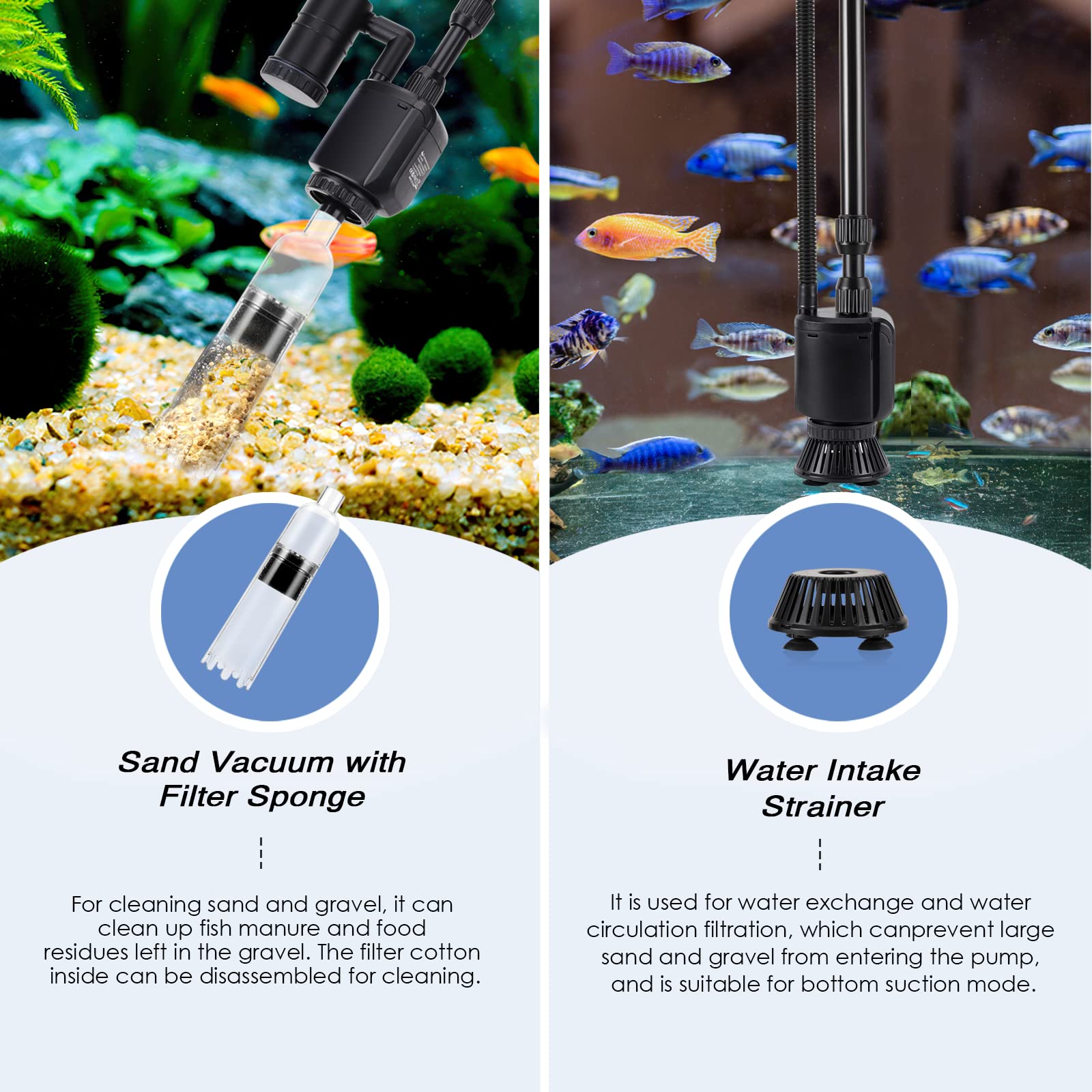 AQQA 6-in-1 function overview highlighting water changes and debris removal.