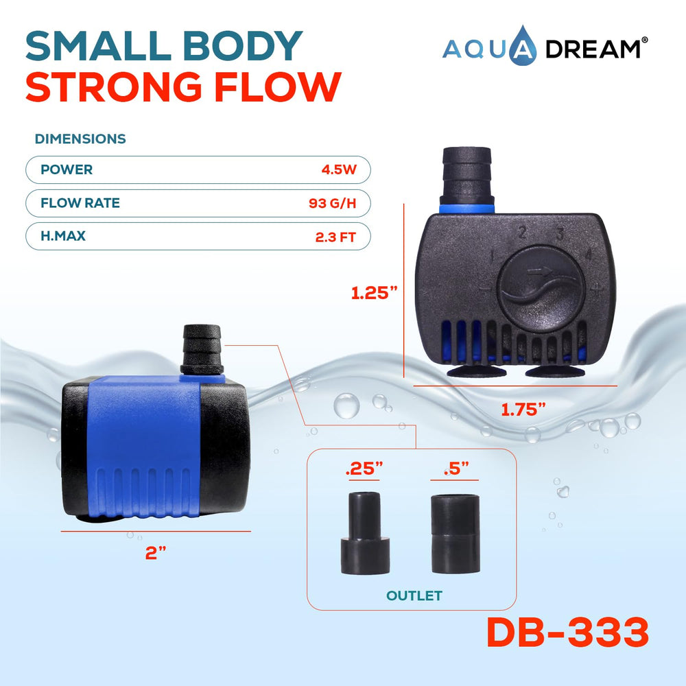 Aqua Dream 90 GPH pump side view highlights adjustable flow for versatile water features.