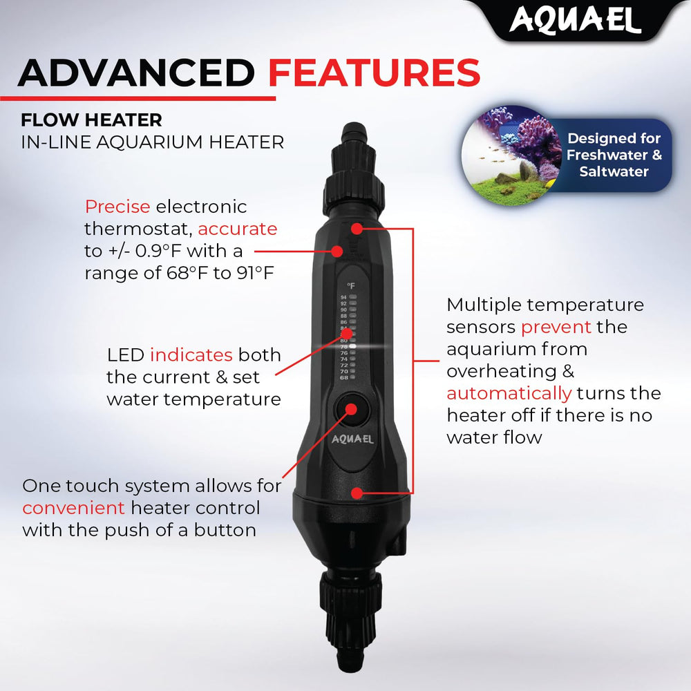 Aquael Inline Flow Heater thermostat monitoring for precise, stable aquarium temperatures.
