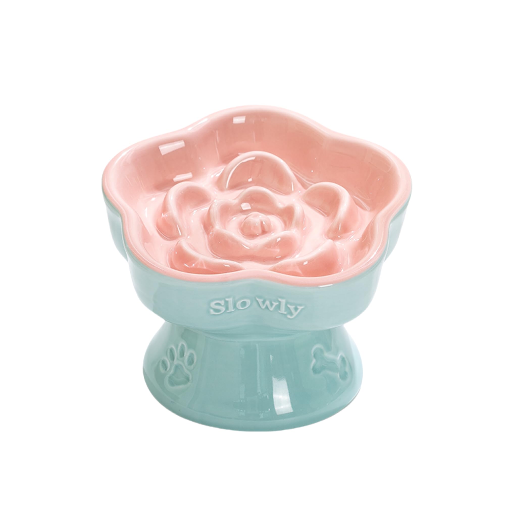 Aquainno ceramic raised slow feeder cat bowl pink closeup highlights easy-to-clean ceramic surface