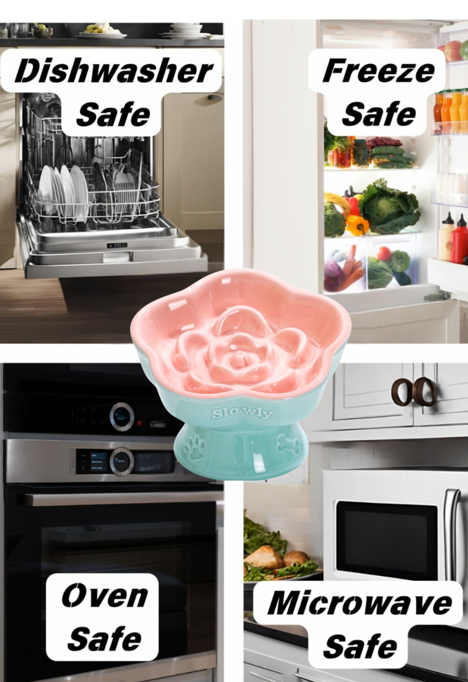 Aquainno ceramic raised slow feeder cat bowl pink for dry and wet food mealtimes
