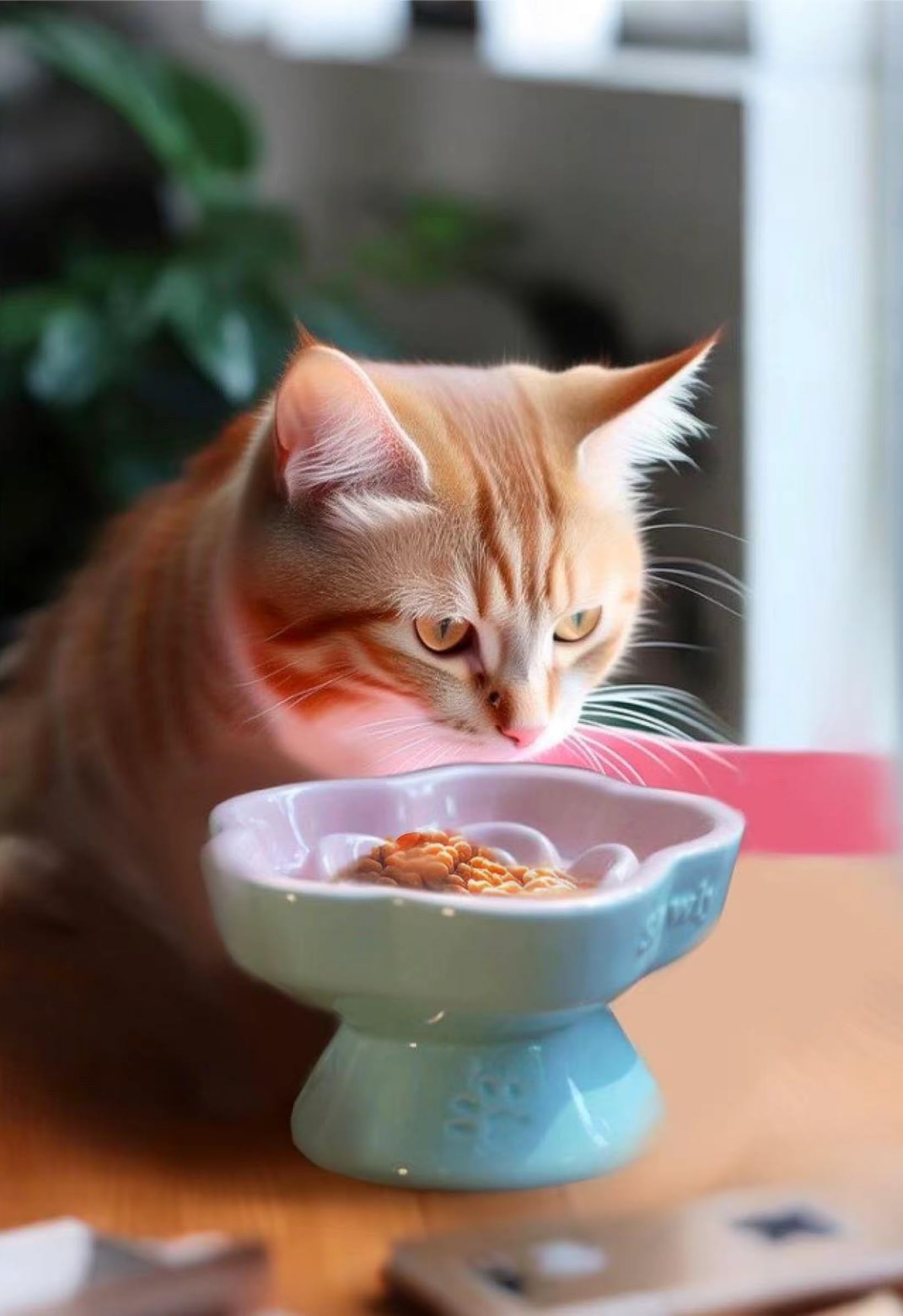 Aquainno ceramic raised slow feeder cat bowl pink easy-clean design simplifies cleaning after meals