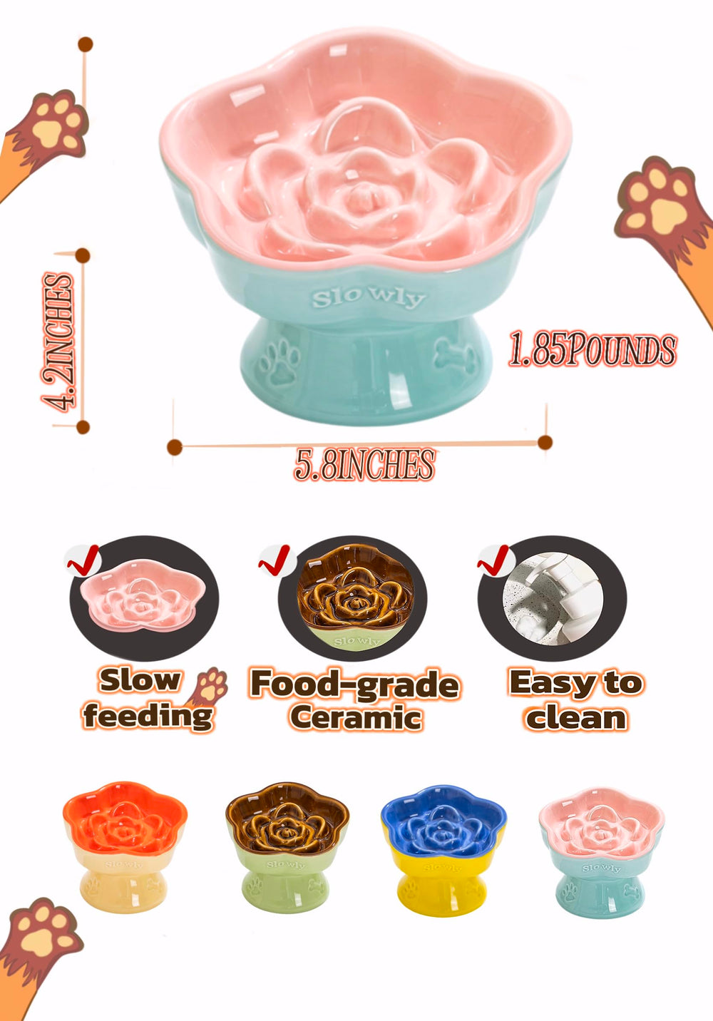 Aquainno ceramic raised slow feeder cat bowl pink elevated tilt promotes comfortable feeding posture