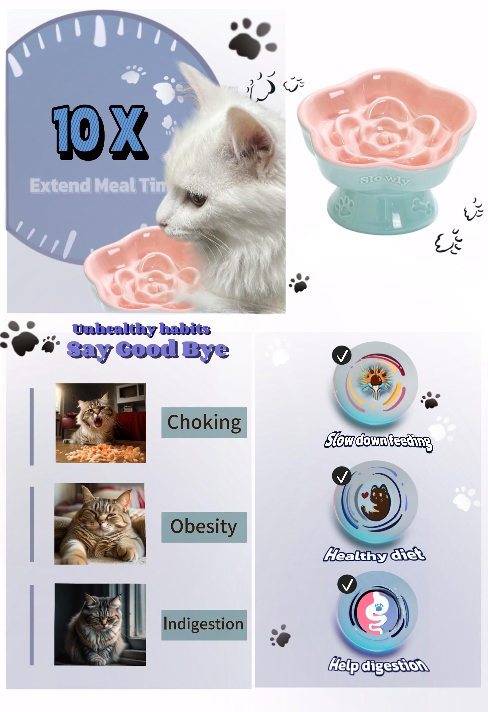 Aquainno ceramic raised slow feeder cat bowl pink non-slip base stays steady