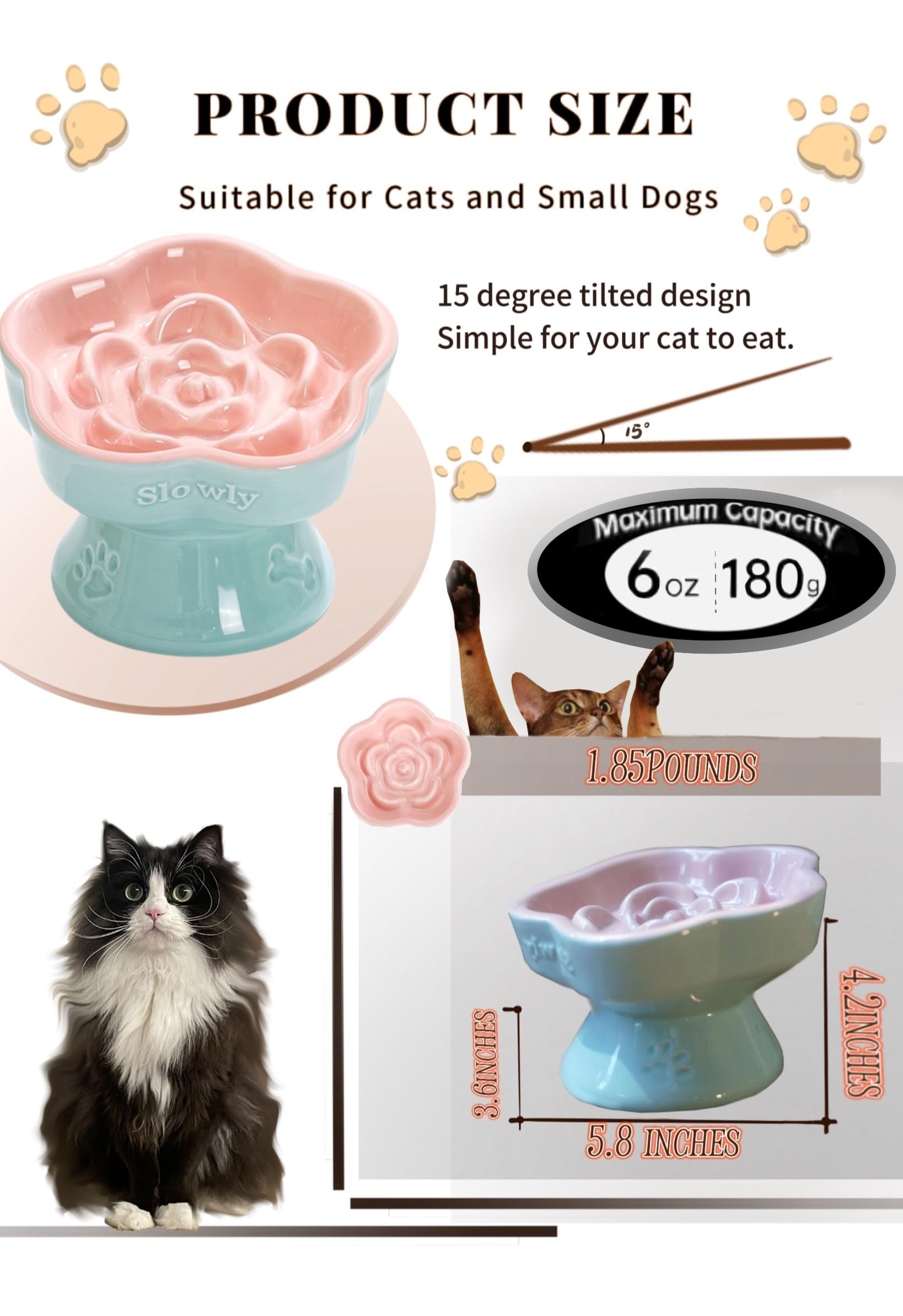 Aquainno ceramic raised slow feeder cat bowl pink shallow wide dish reduces whisker contact