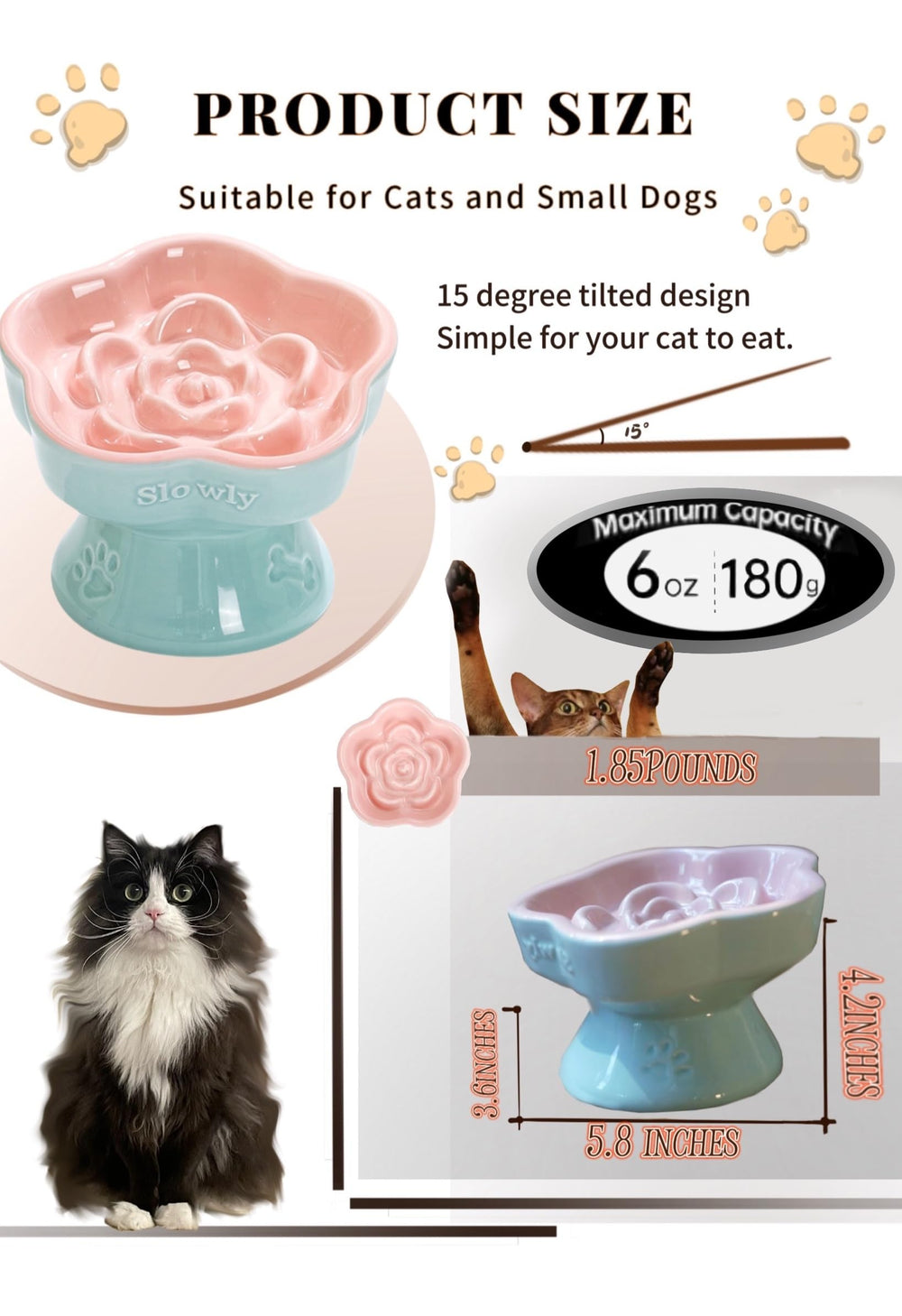 Aquainno ceramic raised slow feeder cat bowl pink shallow wide dish reduces whisker contact