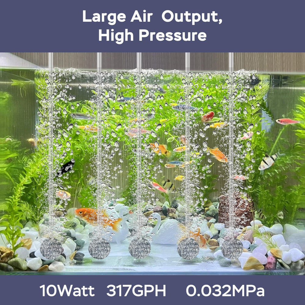 AquaMiracle 10W aquarium air pump 317GPH powering robust oxygenation for larger tanks.