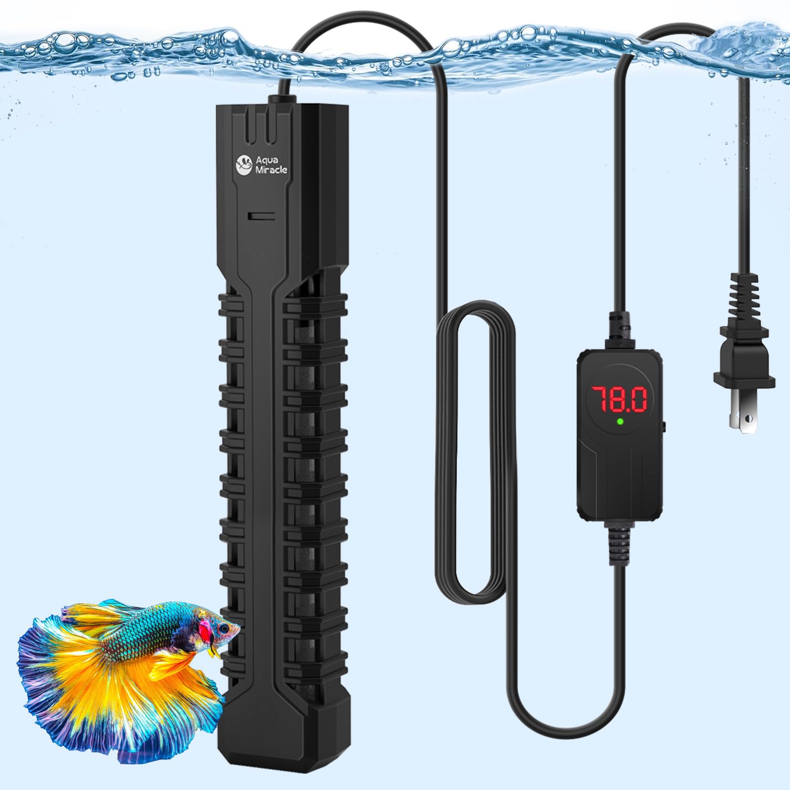 AquaMiracle 500W submersible heater with LED display shows precise temperature control.