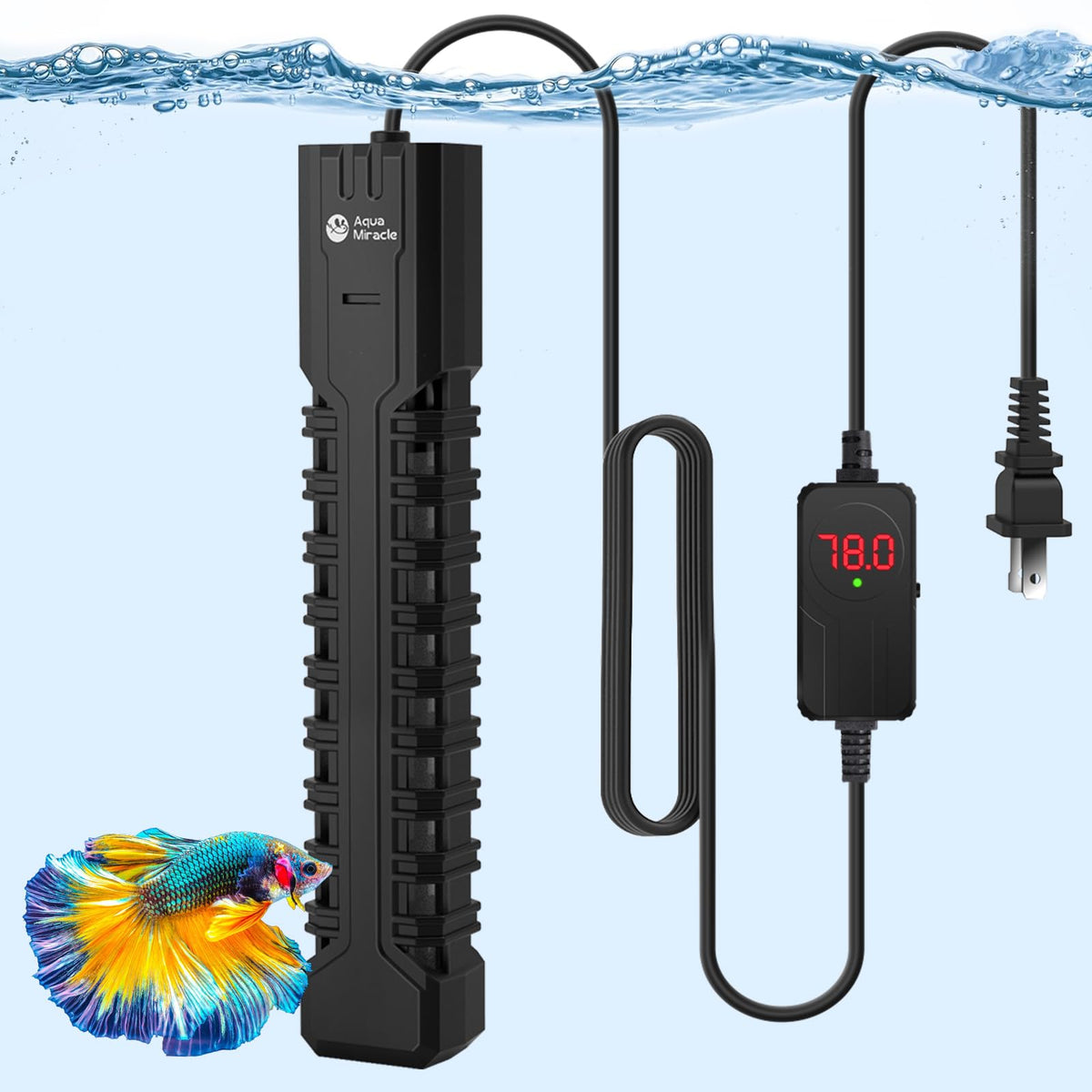 AquaMiracle 500W submersible heater with LED display shows precise temperature control.