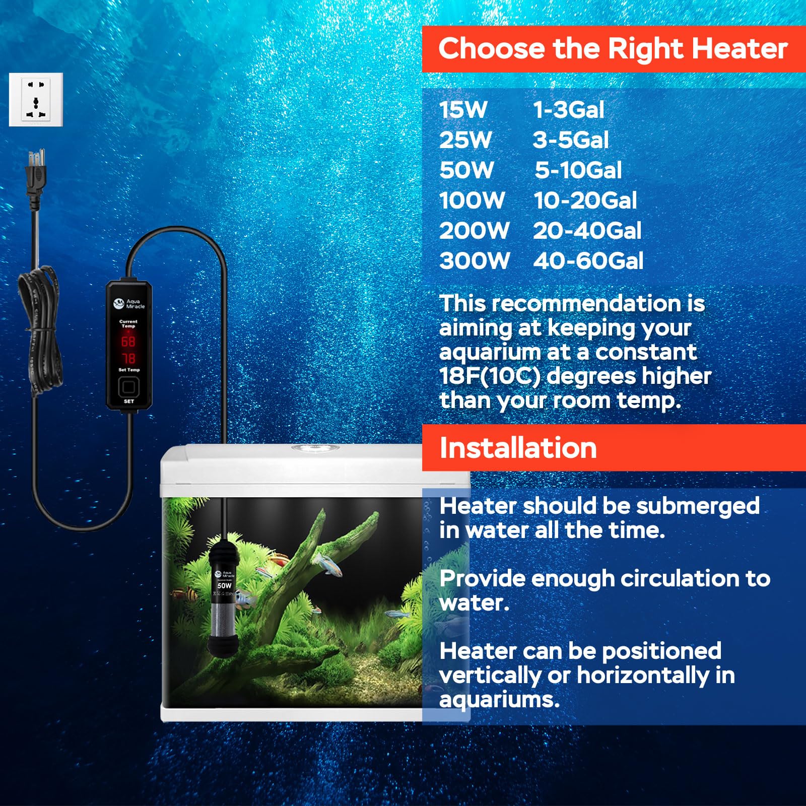 AquaMiracle 50W compact heater fits tight spaces in small tanks