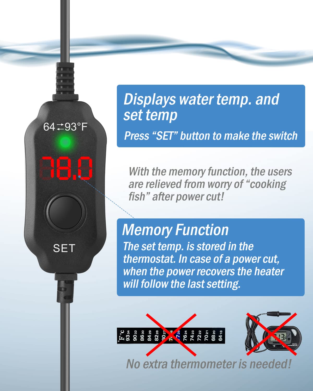 AquaMiracle adjustable 50W heater includes dry-run protections for safe operation