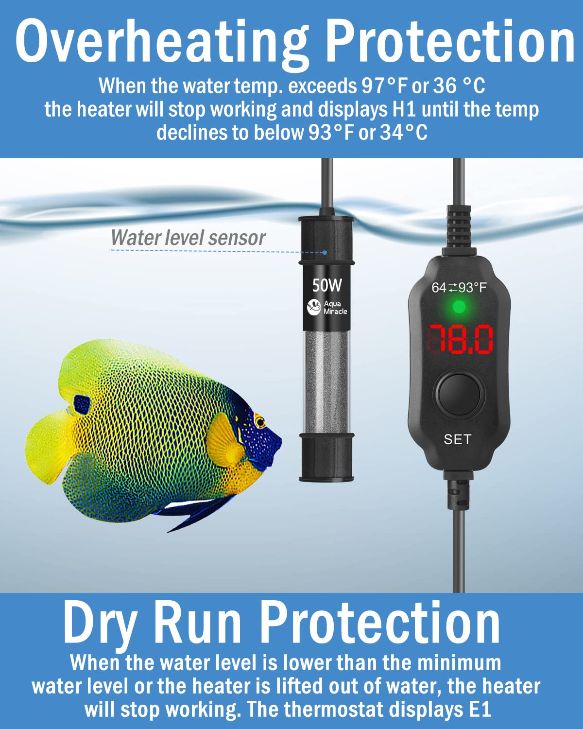 AquaMiracle adjustable 50W heater works in freshwater and marine tanks confidently