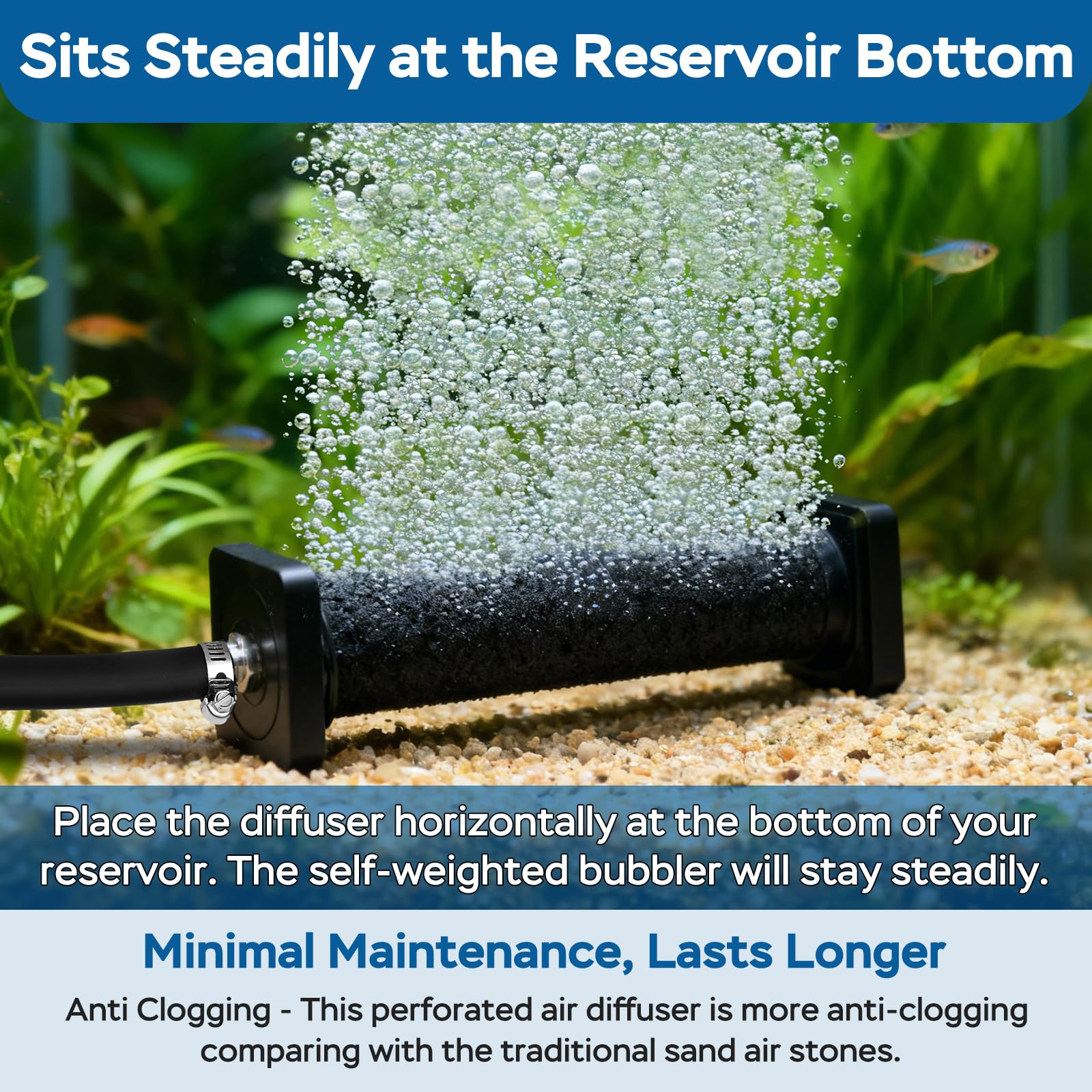 AquaMiracle air stone anti-clogging feature reduces maintenance and extends life