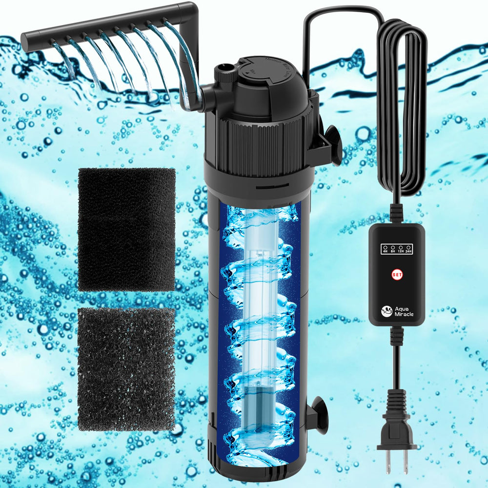 AquaMiracle aquarium filter front view, compact design ideal for 40-120 gallon tanks.
