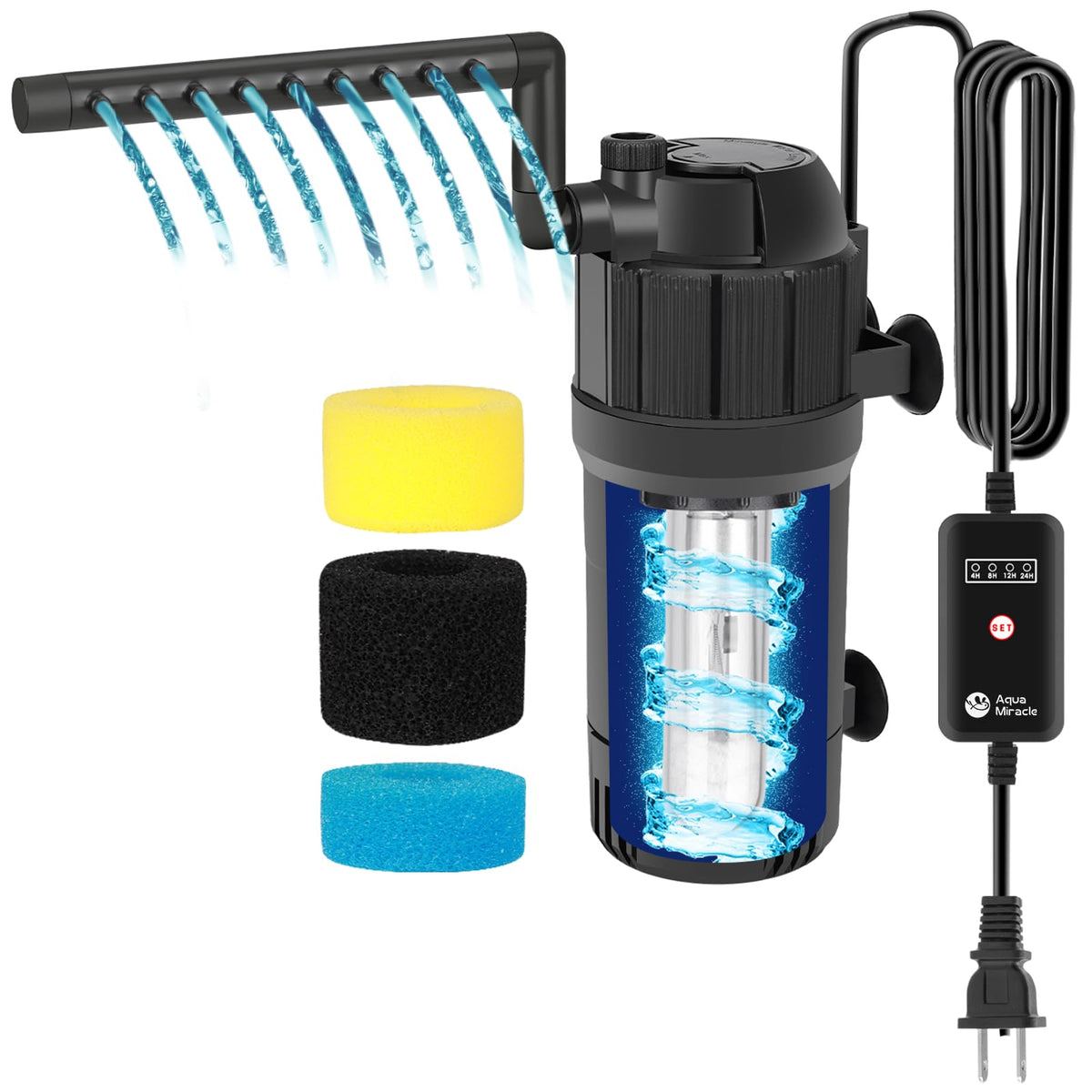 Aquamiracle aquarium filter front view with dual-mode operation for improved circulation in 10-40 gallon tanks