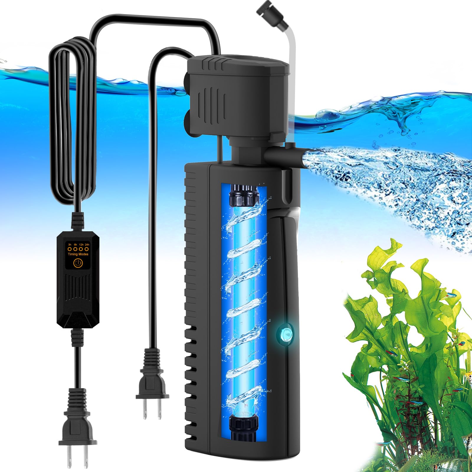 Aquamiracle aquarium filter with UV light demonstrates clear water enhancement for 20-70 gallon tanks.