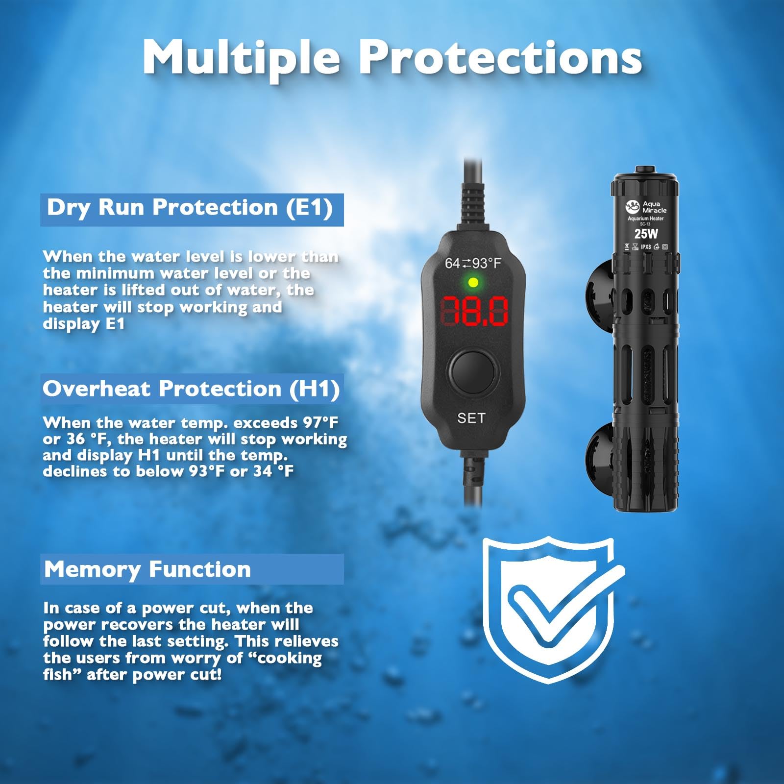 AquaMiracle protective housing shields fish and glass from heater contact during routine handling.