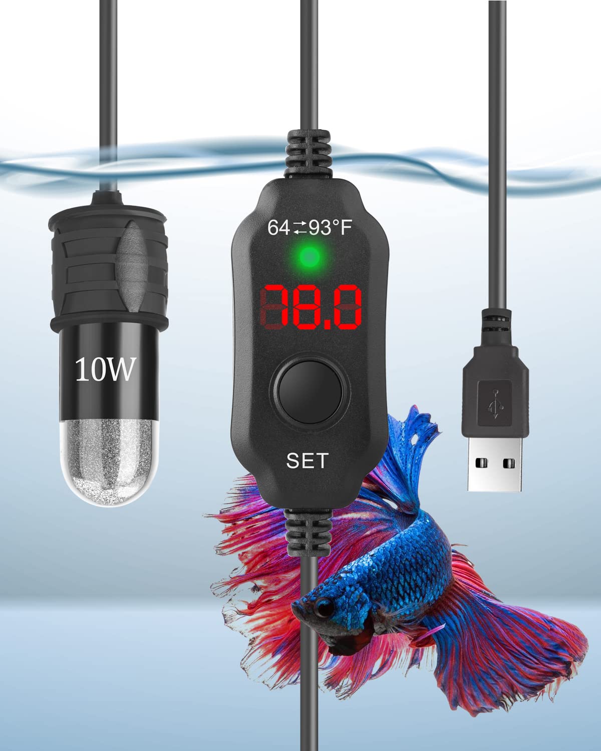 AquaMiracle Betta heater thumb-size fits nano tanks and maintains stable temps.