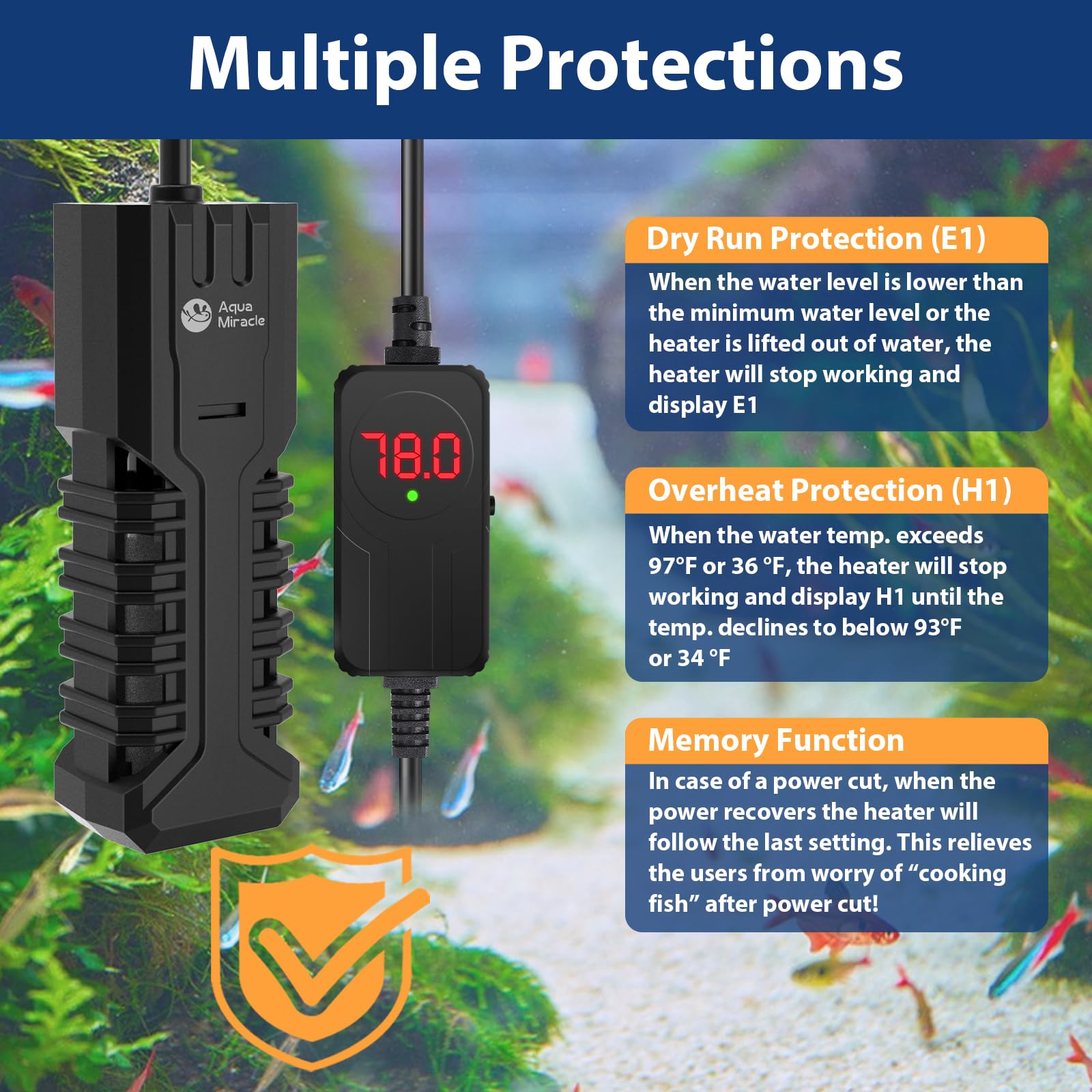 AquaMiracle memory function preserves the last settings after power restoration.
