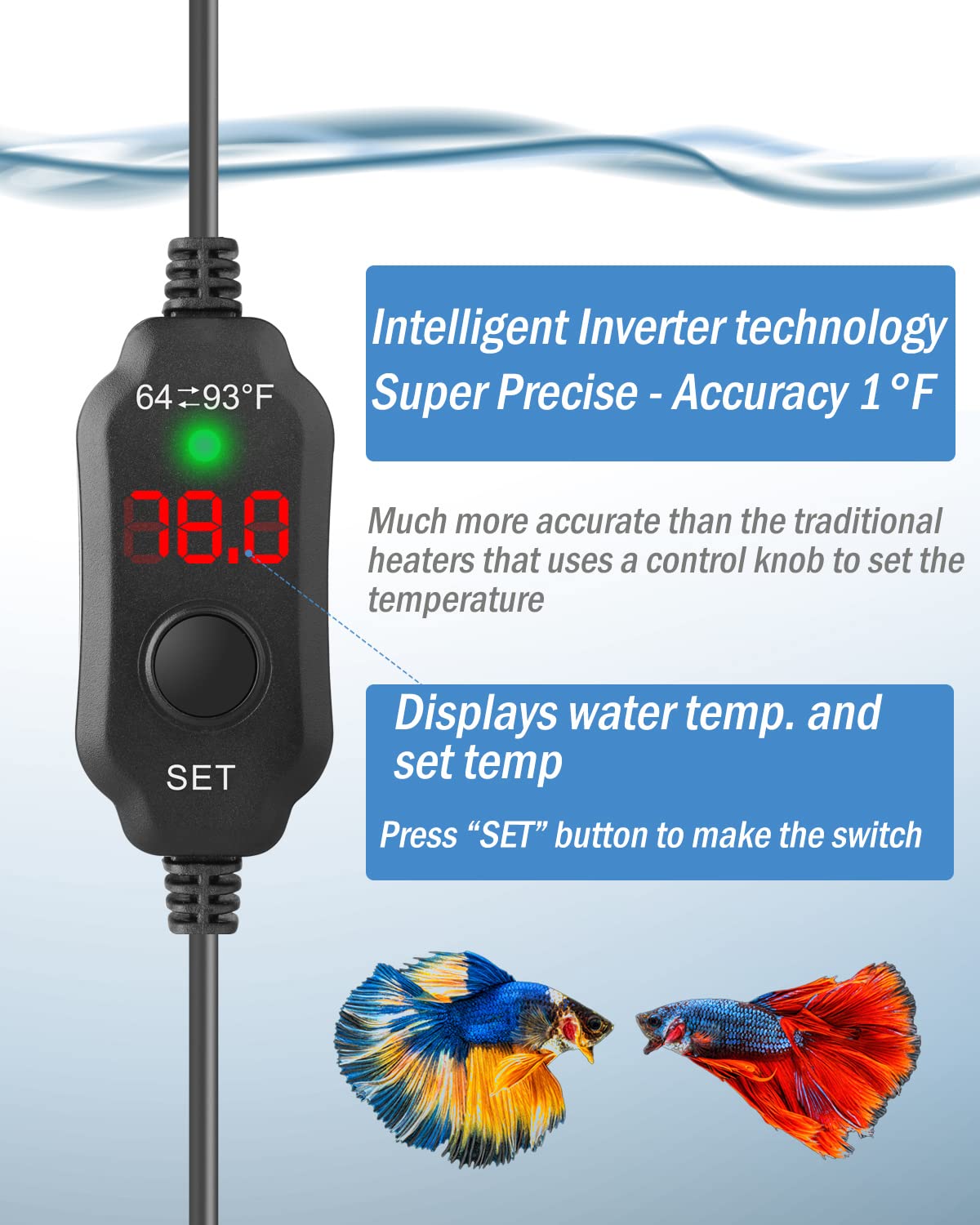 AquaMiracle overheat protection stops at 97F to keep fish safe.