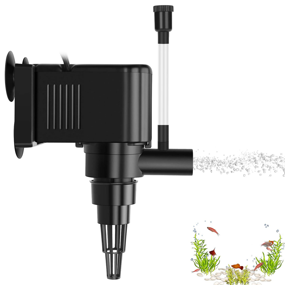 AquaMiracle powerhead front view showing strong circulation for 60-80 gallon tanks.
