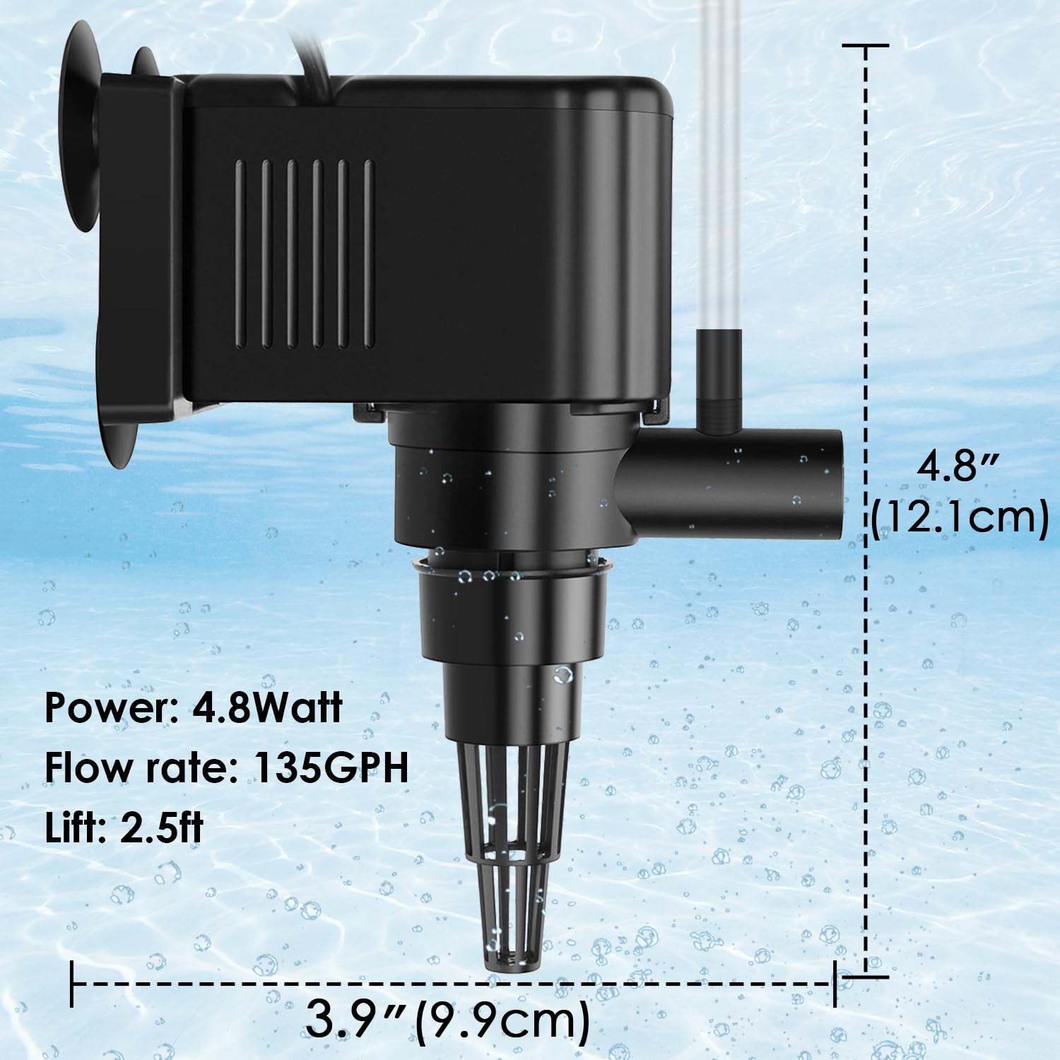 AquaMiracle powerhead energy-efficient design consumes 4.8W for reliable circulation.