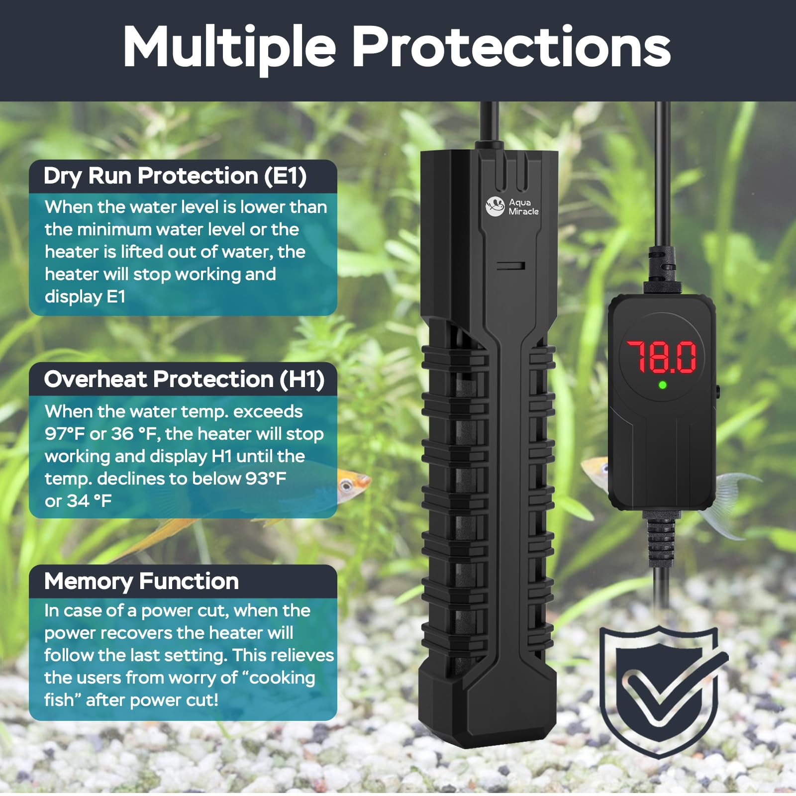AquaMiracle protective housing closeup ensures even heat and glass safety.