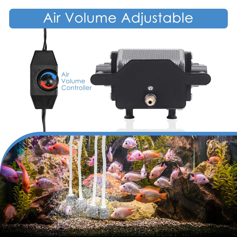 AquaMiracle Quiet Aquarium Air Pump 4 outlet manifold enables versatile aeration setups.