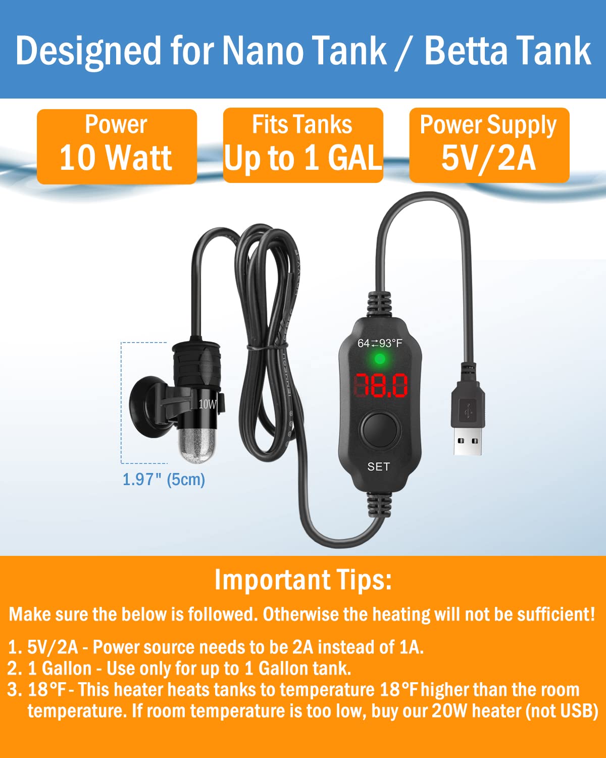 AquaMiracle submersible heater with digital display ensures reliable temp control.