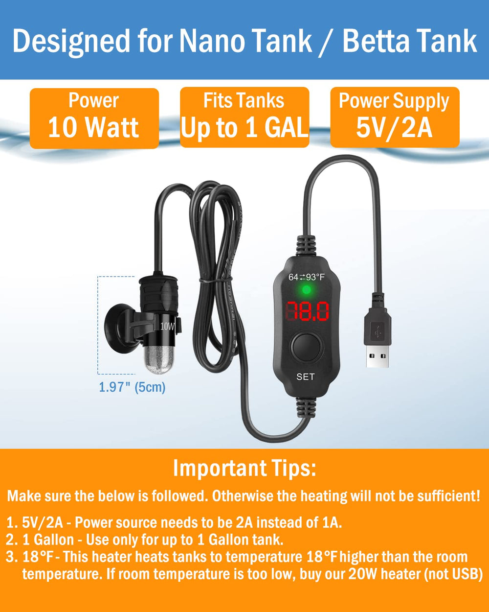 AquaMiracle submersible heater with digital display ensures reliable temp control.