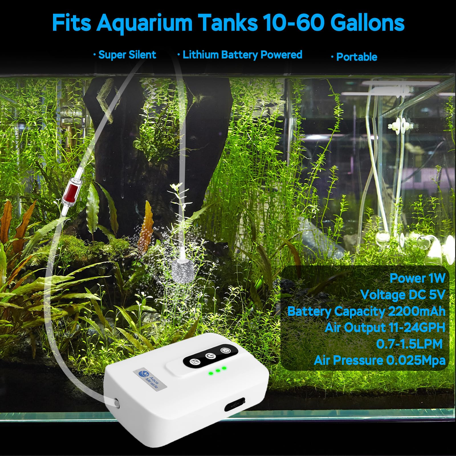 AquaMiracle USB rechargeable aquarium bubbler ensures continuous airflow on battery or plug