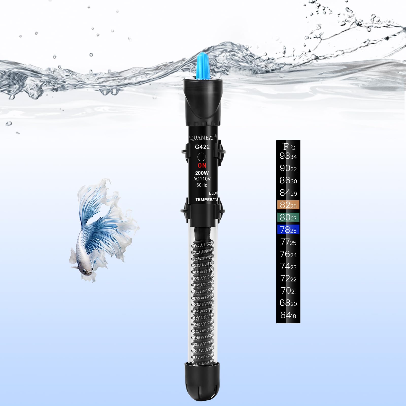 AQUANEAT 200W product shot shows a compact heater for 30-50 gallon tanks