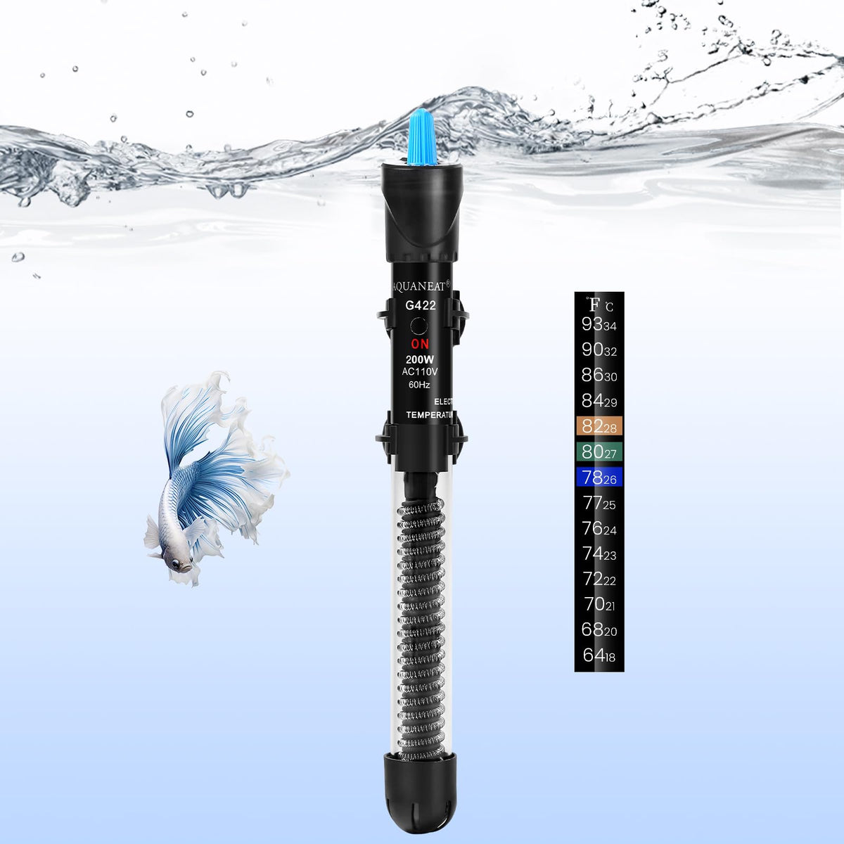 AQUANEAT 200W product shot shows a compact heater for 30-50 gallon tanks
