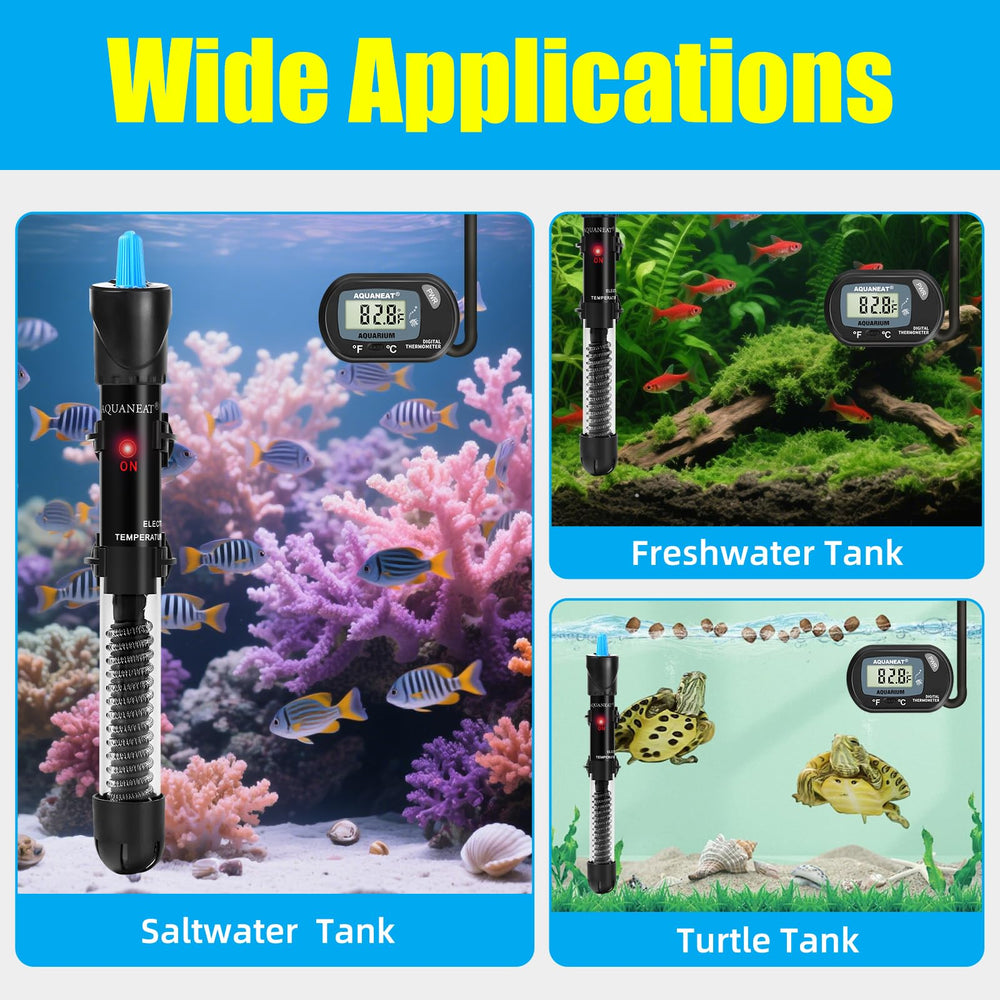 AQUANEAT heater package contents: heater, thermometer, suction cups