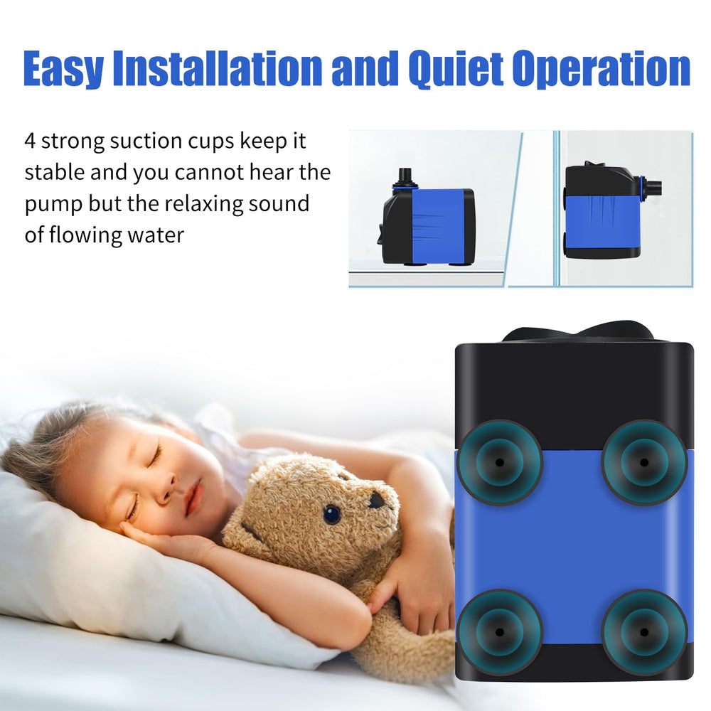 AQUANEAT compact 2.5x1.75x2 inch pump size fits tight spaces.
