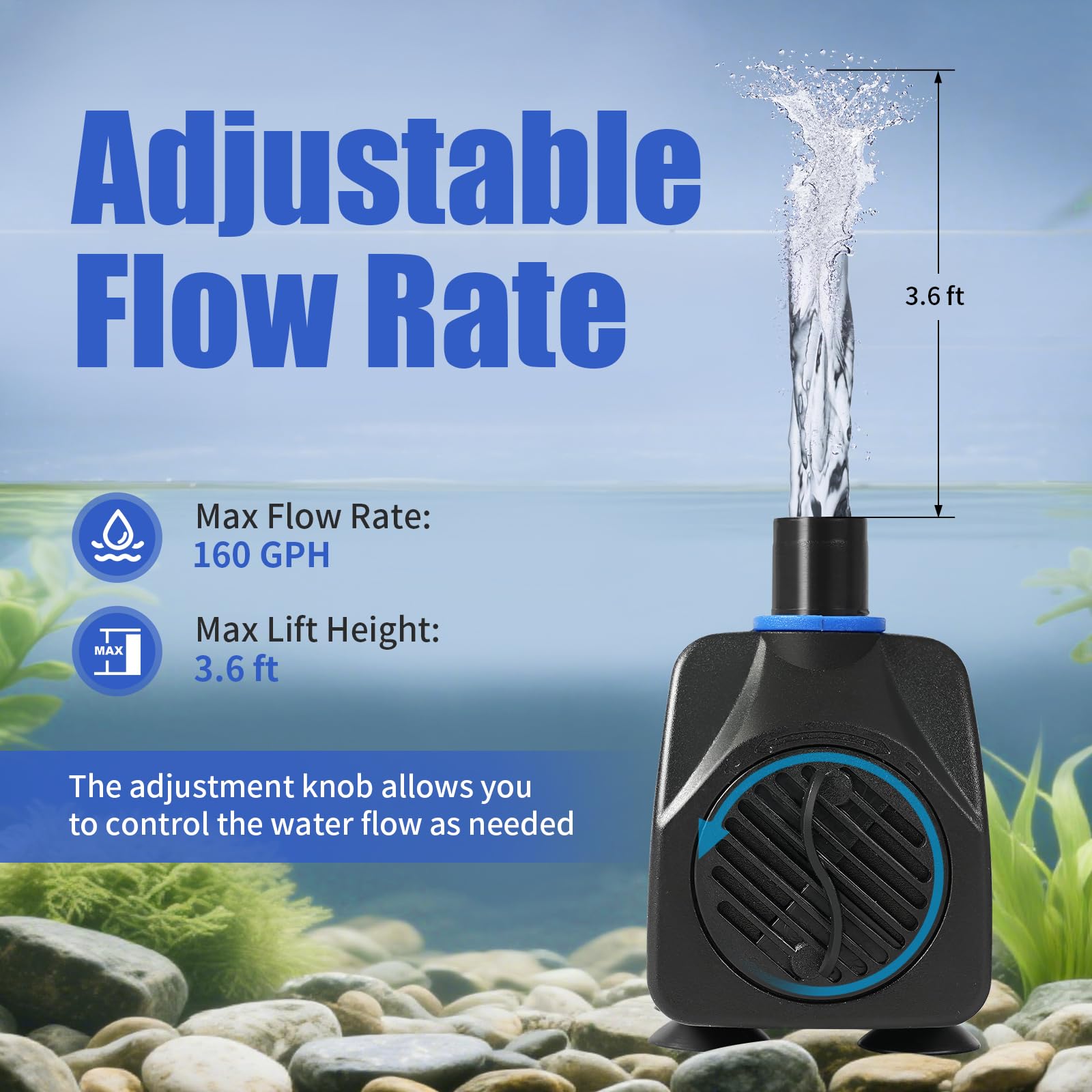 AQUANEAT flow-control valve image highlighting adjustable flow for different fountain needs.