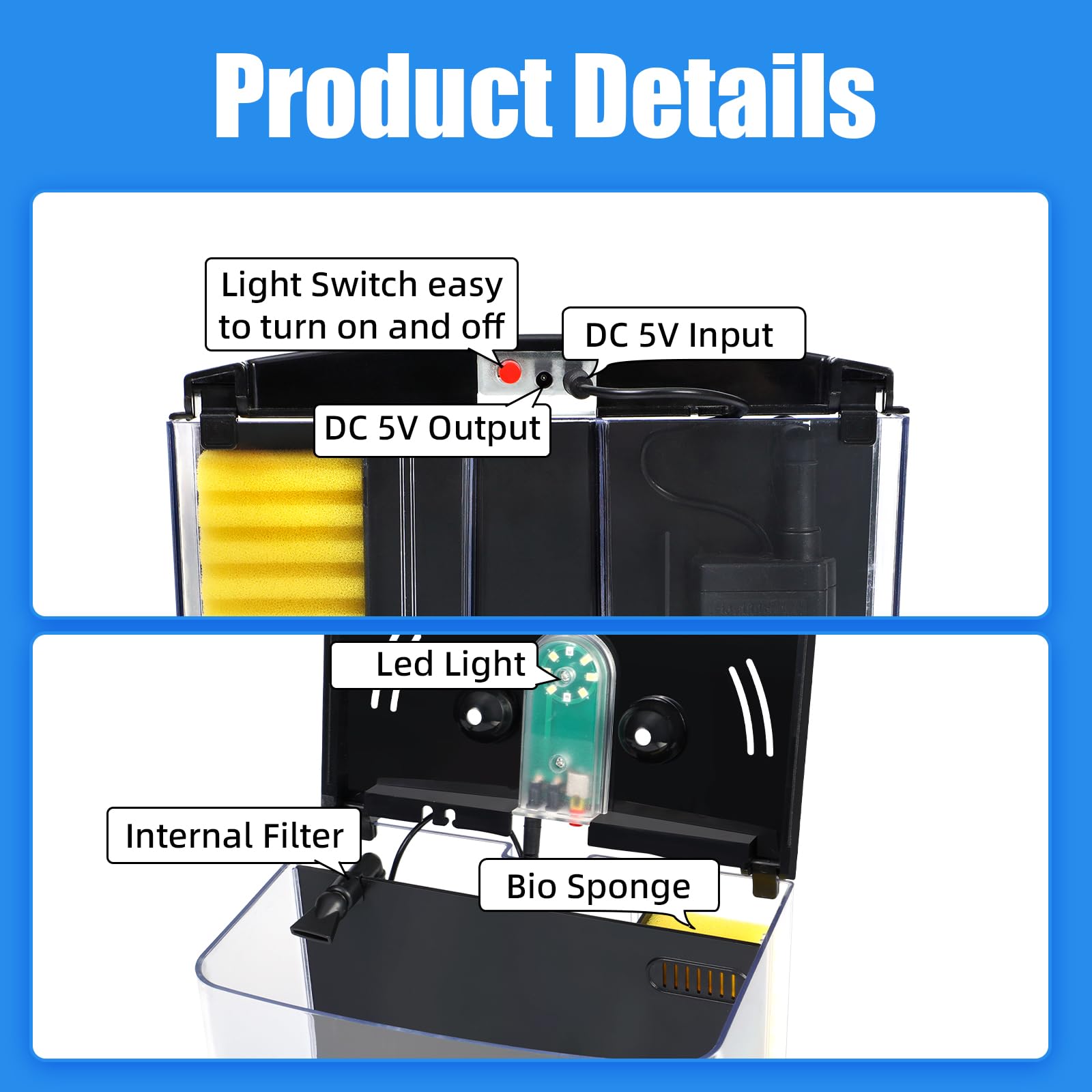 AQUANEAT LED hood lights tank, highlighting fish colors and decor.