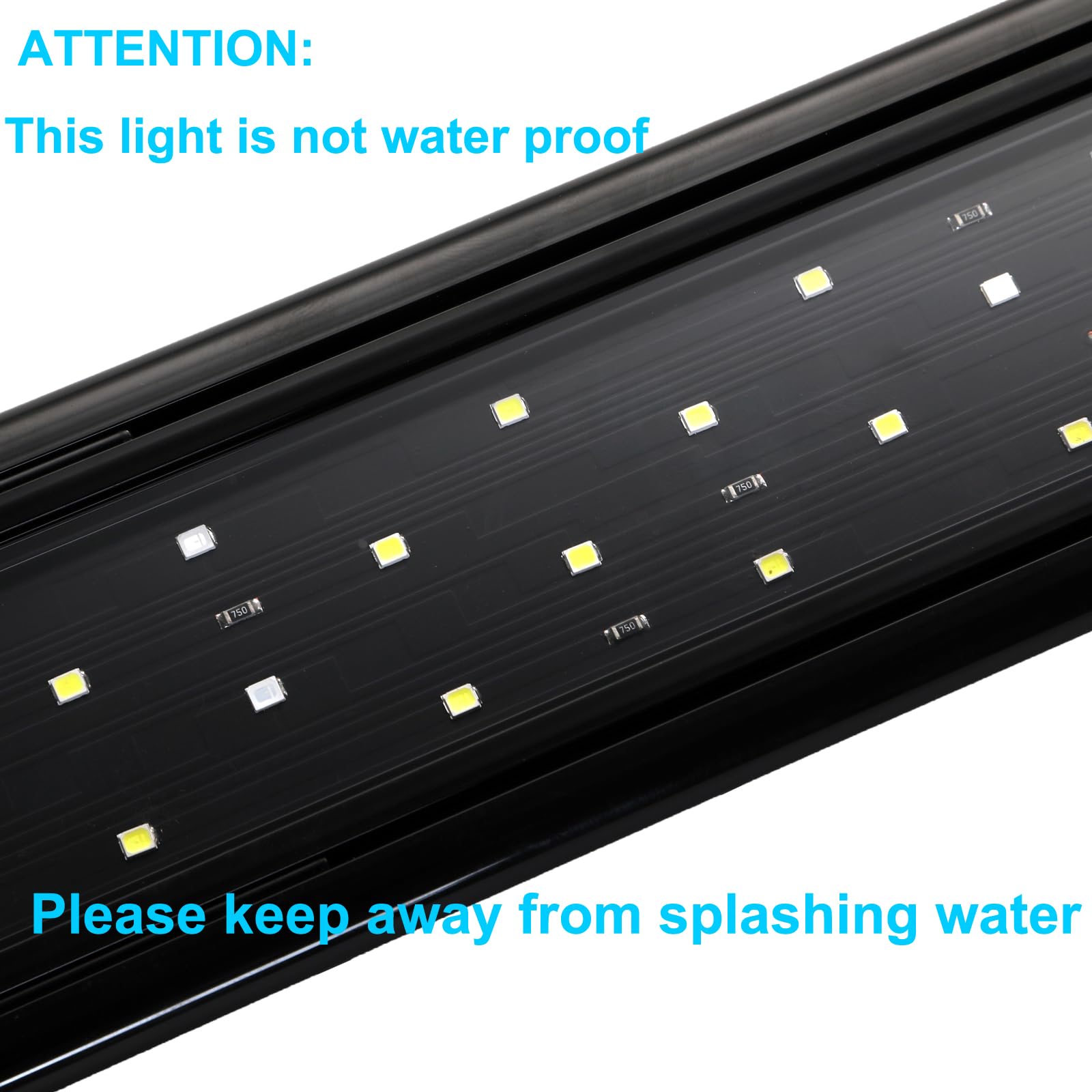 AQUANEAT LED note indicating not waterproof and splash precautions.