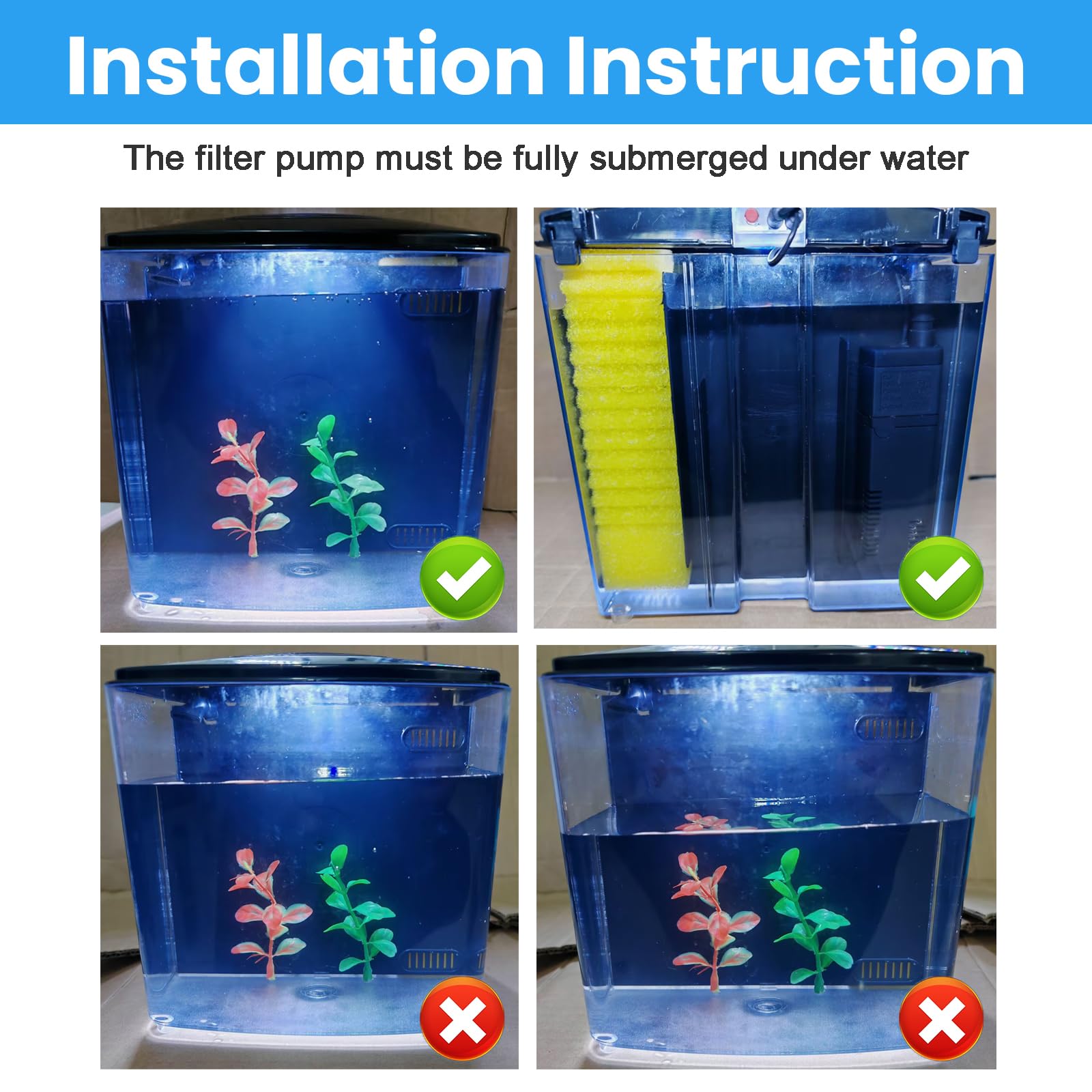 AQUANEAT starter kit contents include sponge, filter, USB cord, and artificial plants.
