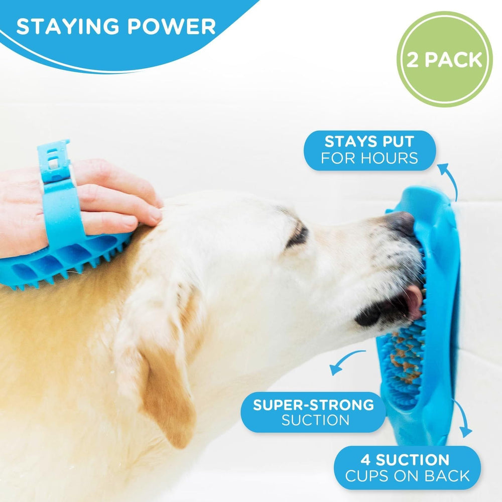 Aquapaw dog slow feeder mat doubles as shower peanut butter holder for baths