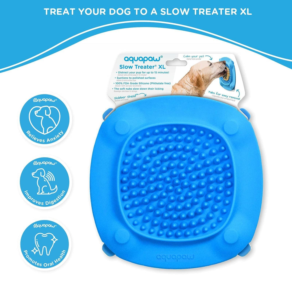 Aquapaw Lick Mat in bath tub keeps pups engaged during cleansing sessions.