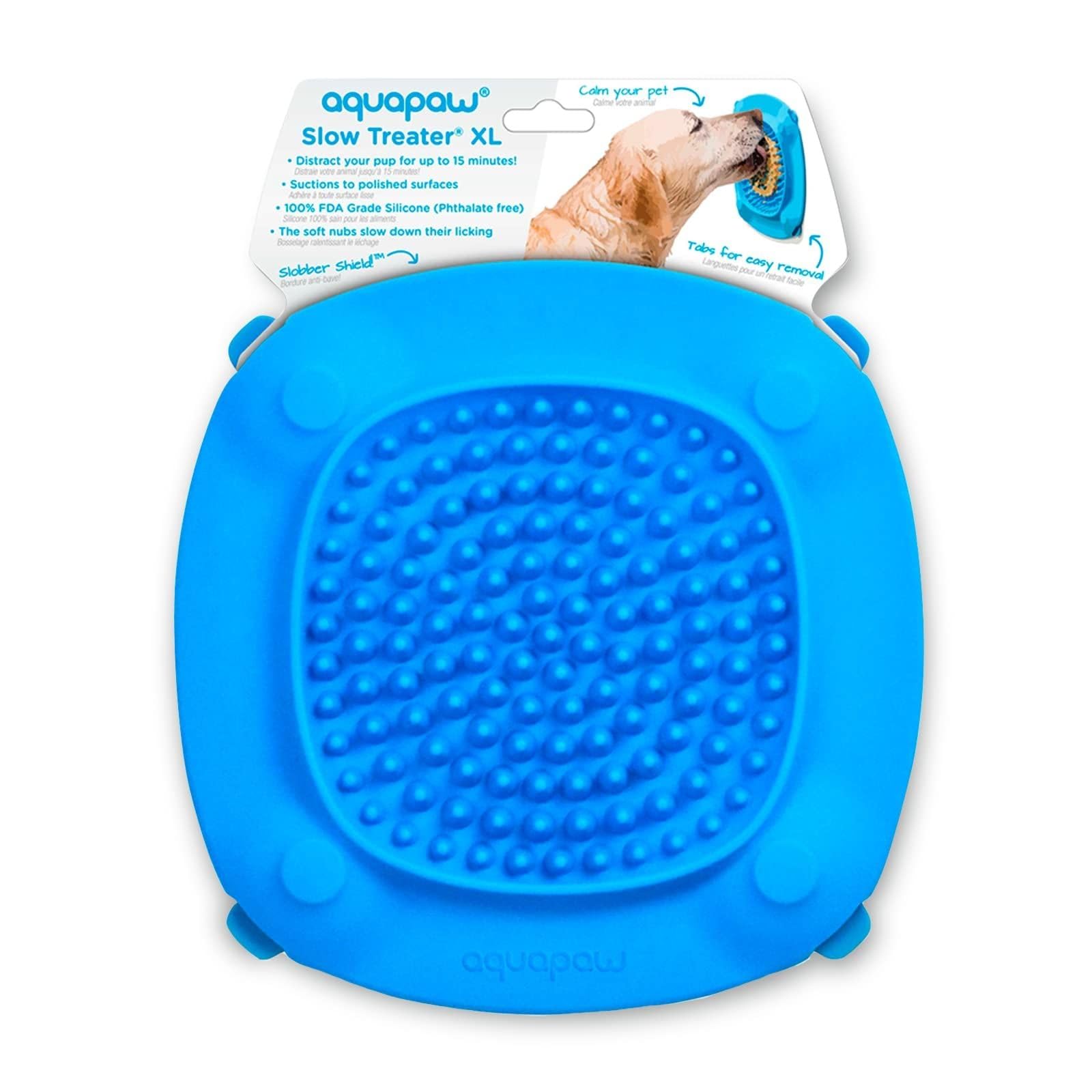 Aquapaw Lick Mat on shower wall provides distraction during bath time with treats.