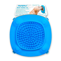 Aquapaw Lick Mat on shower wall provides distraction during bath time with treats.