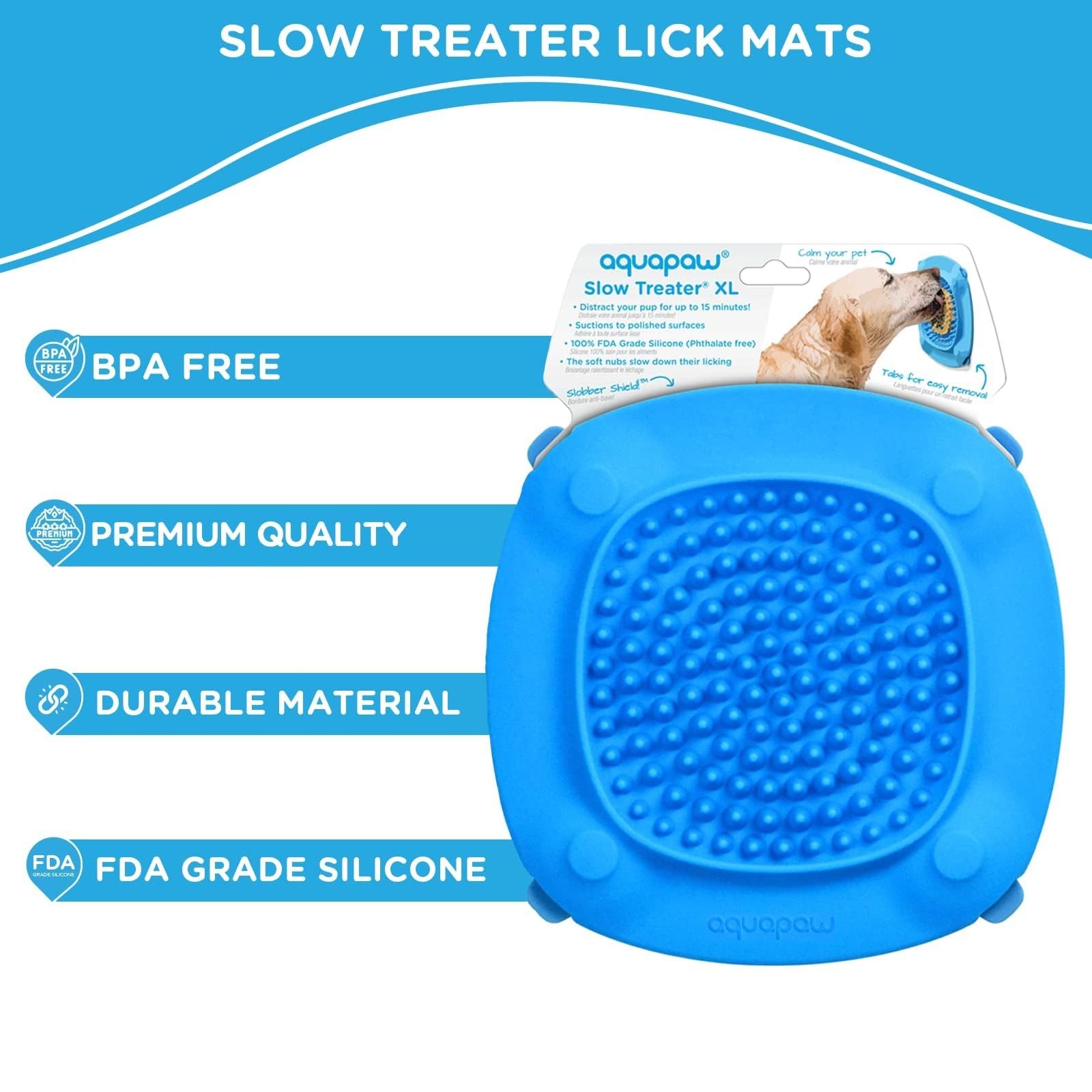 Aquapaw Lick Mat suction cups hold securely for grooming and enrichment during baths.