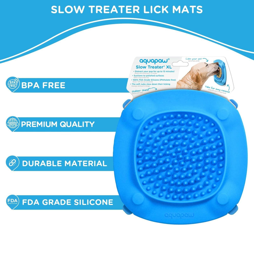 Aquapaw Lick Mat suction cups hold securely for grooming and enrichment during baths.