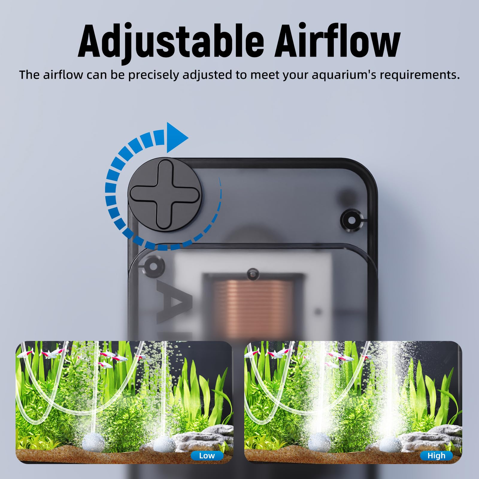 AQUASMITH Aquarium Air Pump ultra-quiet operation reduces noise for peaceful tank views.