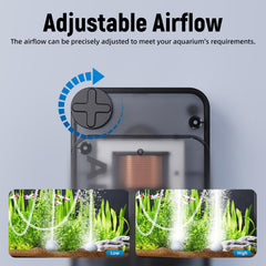 AQUASMITH Aquarium Air Pump ultra-quiet operation reduces noise for peaceful tank views.