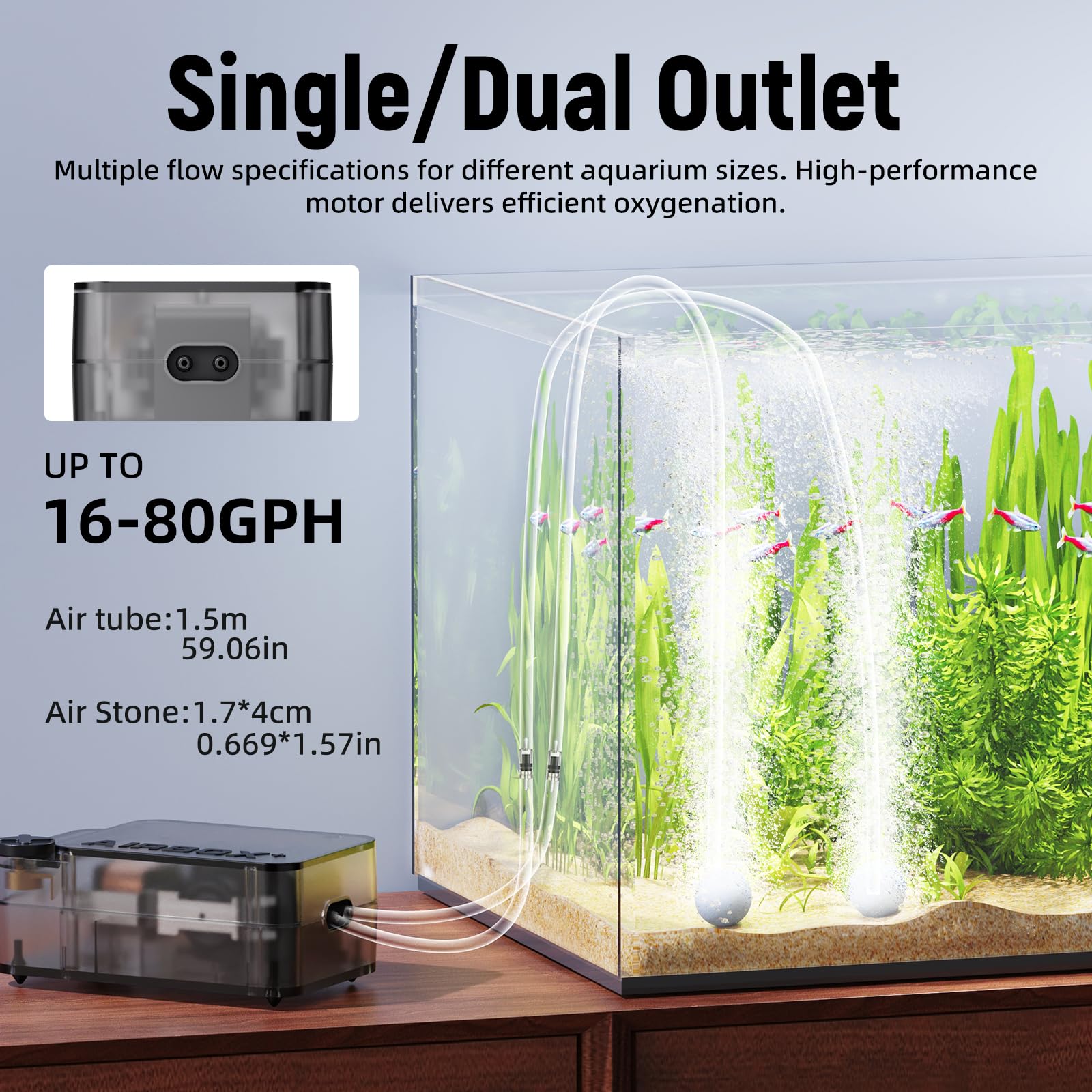 AQUASMITH Aquarium Air Pump with Air Stone Bubblers kit enhances visible bubbles.